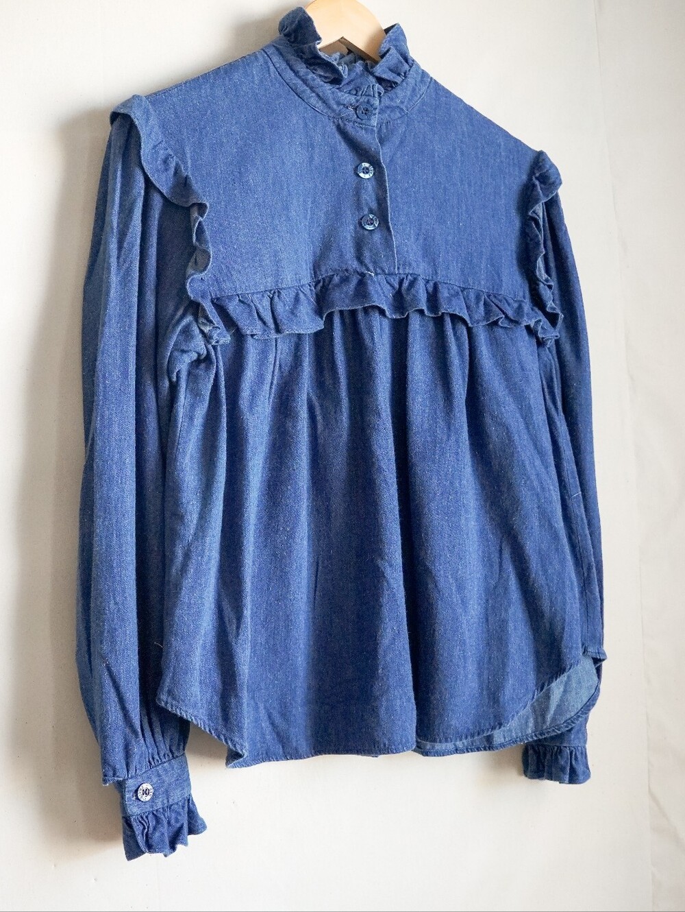 Vintage BIS Gene Ewing Denim Chambray Prairie Blouse Ruffle High Neck Victorian